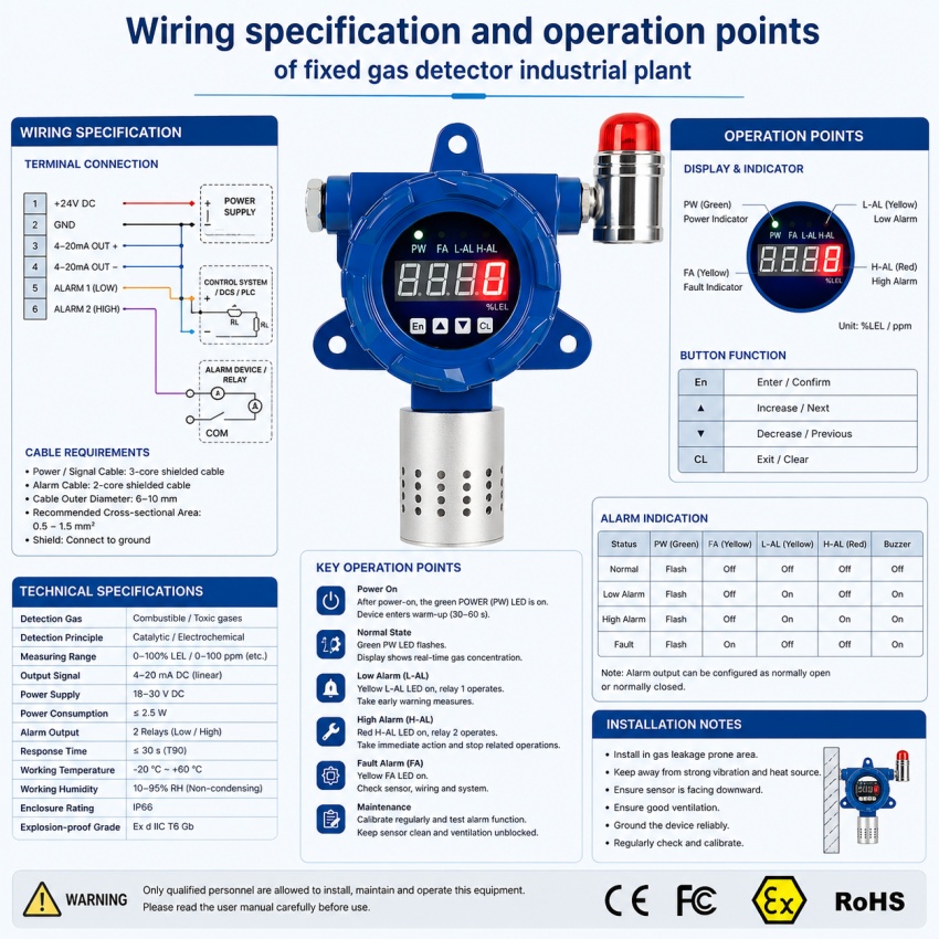 Wiring specification and operation points of fixed gas detector industrial plant