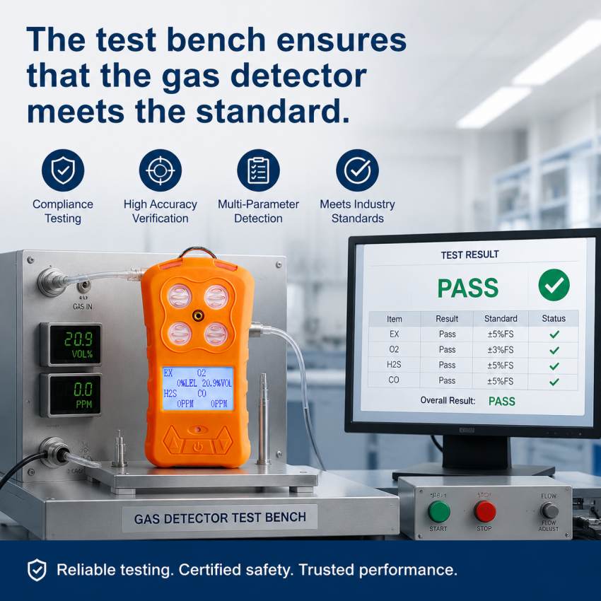 The test bench ensures that the gas detector meets the standard.