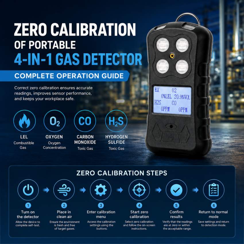 Zero calibration of portable four-in-one gas detector: complete operation guide